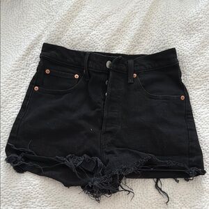 Levi Black Distressed Jean Shorts with Raw Hem